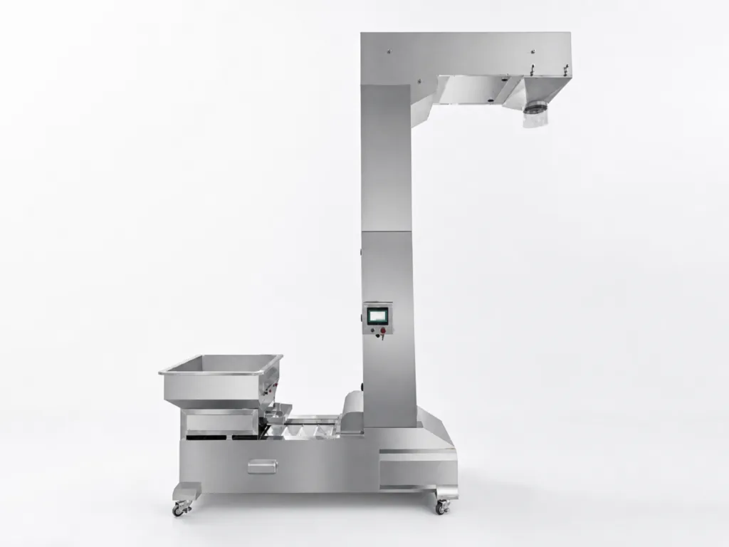Z-Type Elevator for a rotary premade pouch packaging line.