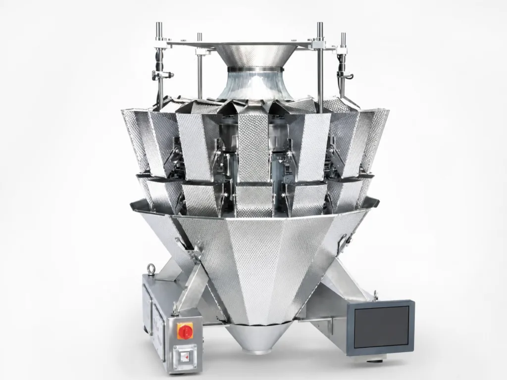 Multihead Weigher for a rotary premade pouch packaging line.