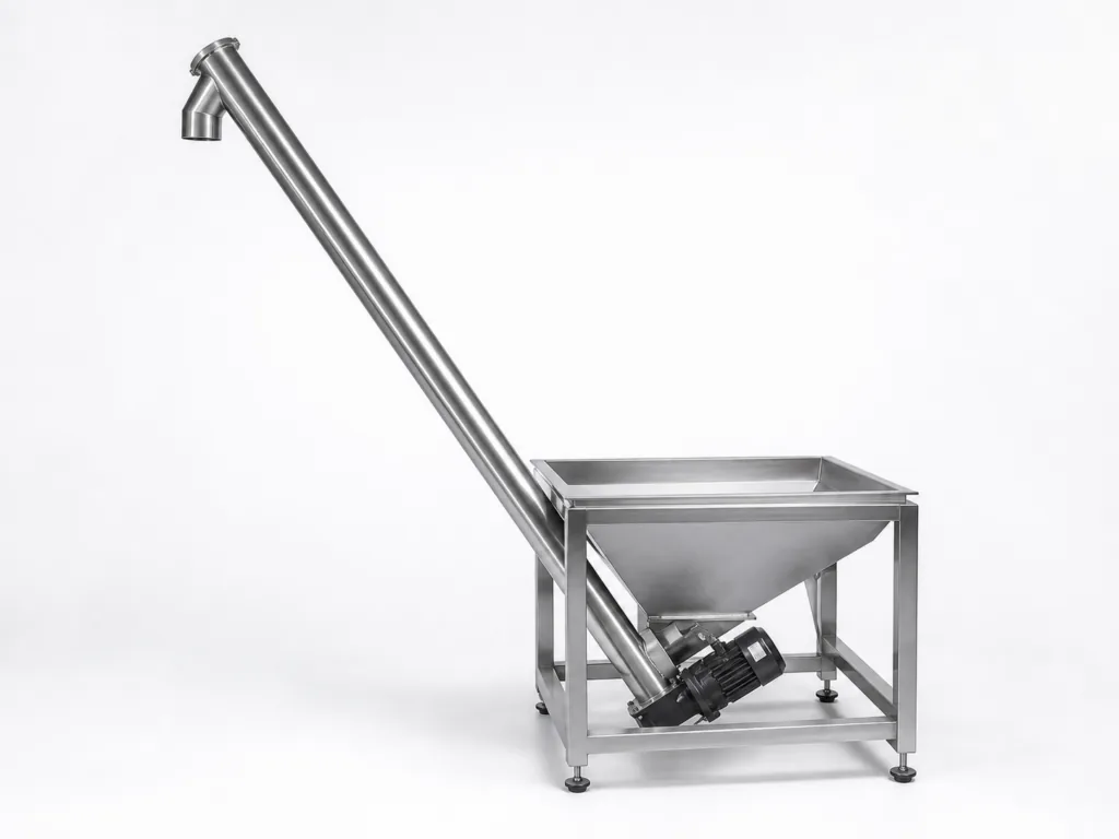 Screw Conveyor for a rotary premade pouch packaging line.