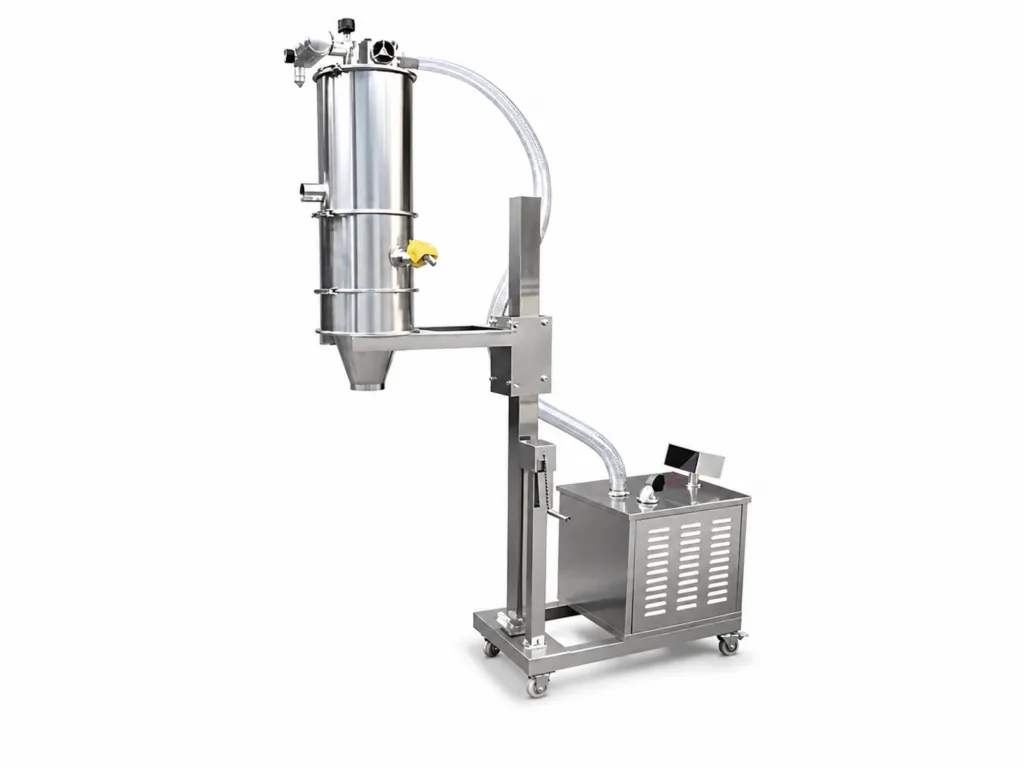 Mobile Lifting Vacuum Feeder for a rotary premade pouch packaging line.