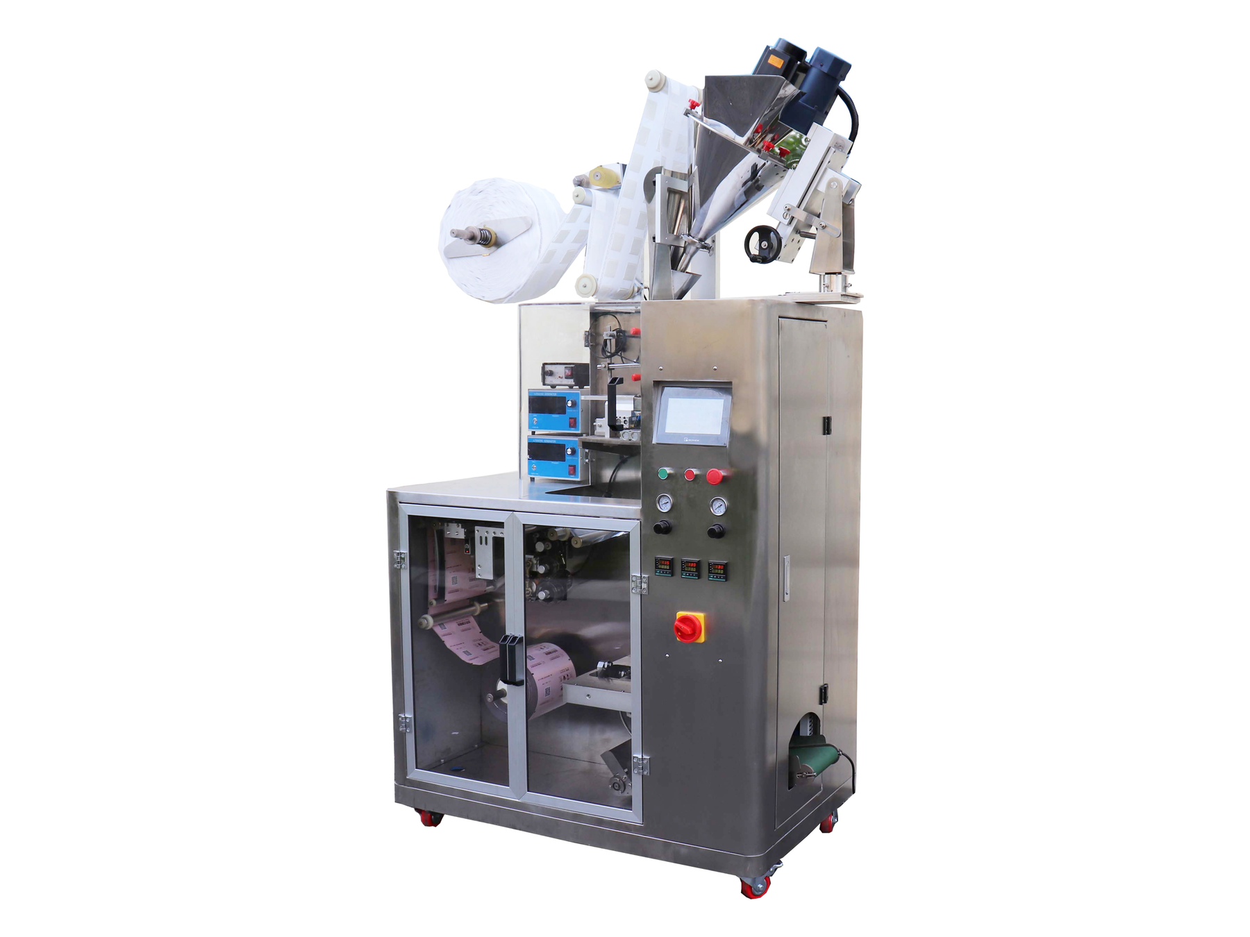 Source-traced SPM-T300 drip coffee bag packing machine on a white background.