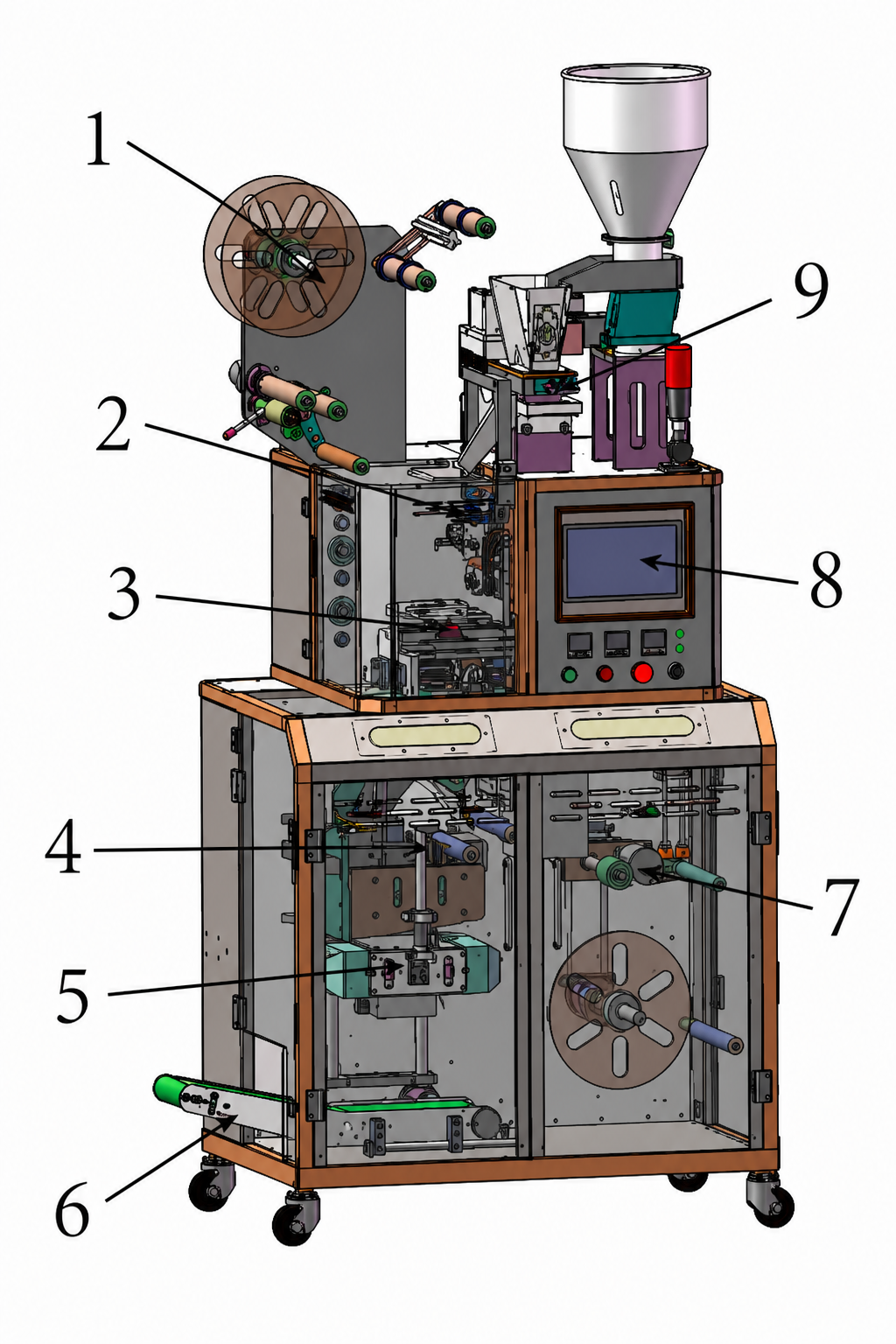 White-background SPM-T300 station map of the hanging-ear drip coffee inner-and-outer-bag packing machine, numbered 1 to 9. Manual-derived website visual, not a technical drawing.