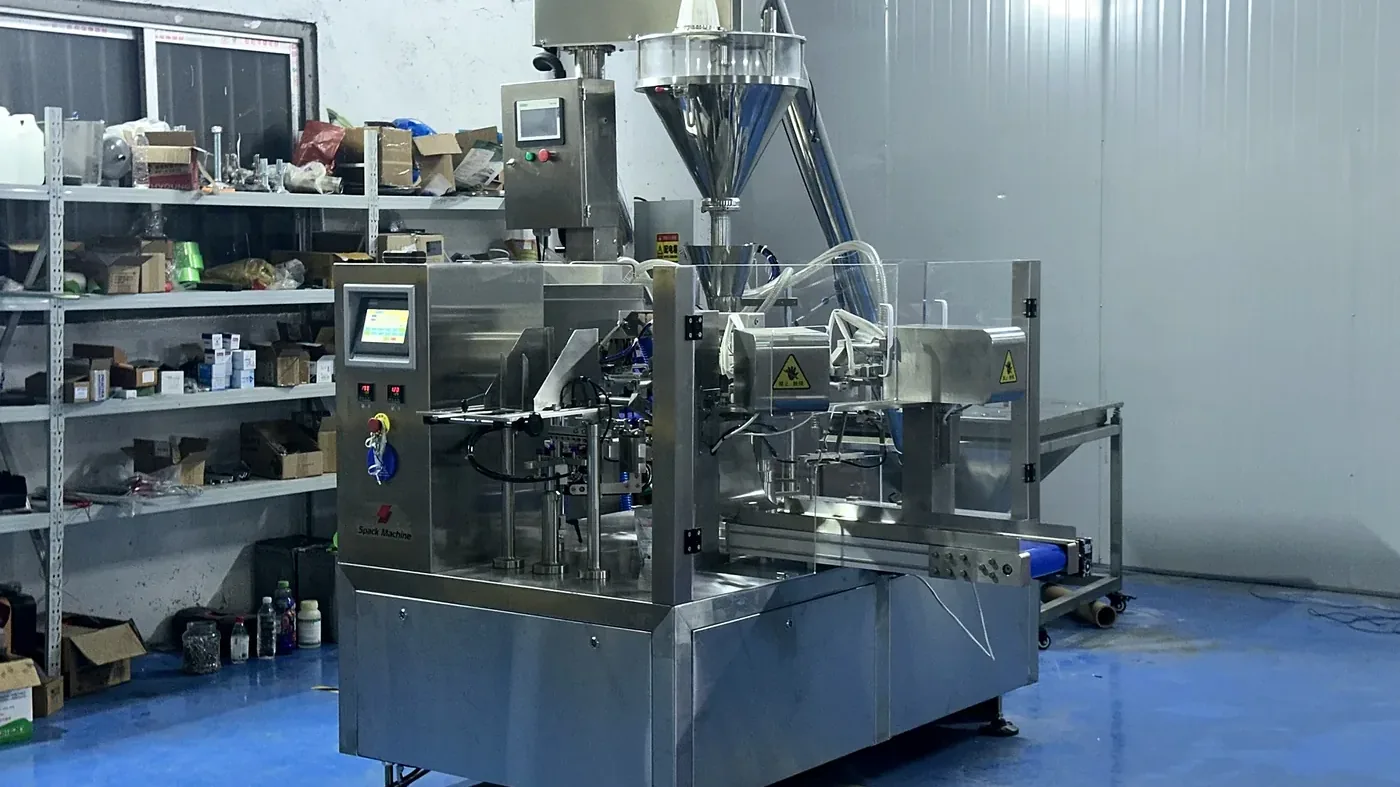 Rotary premade-pouch packaging machine on the Spack Machine assembly floor.