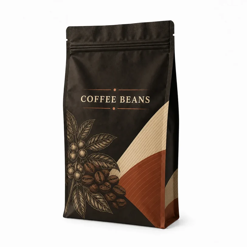 Printed side-gusset coffee-bean pouch with zipper