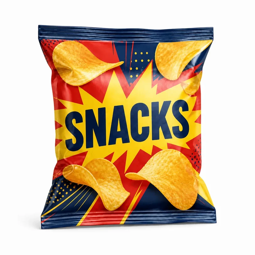 Printed pillow snack bag with crimp seals