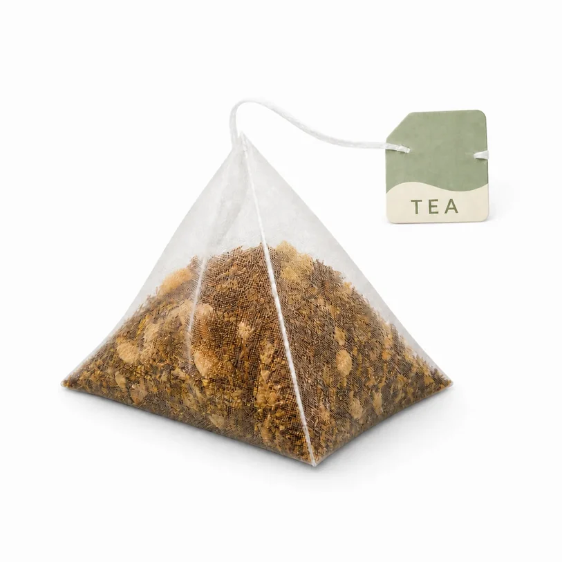 Pyramid mesh tea bag with printed tea tag