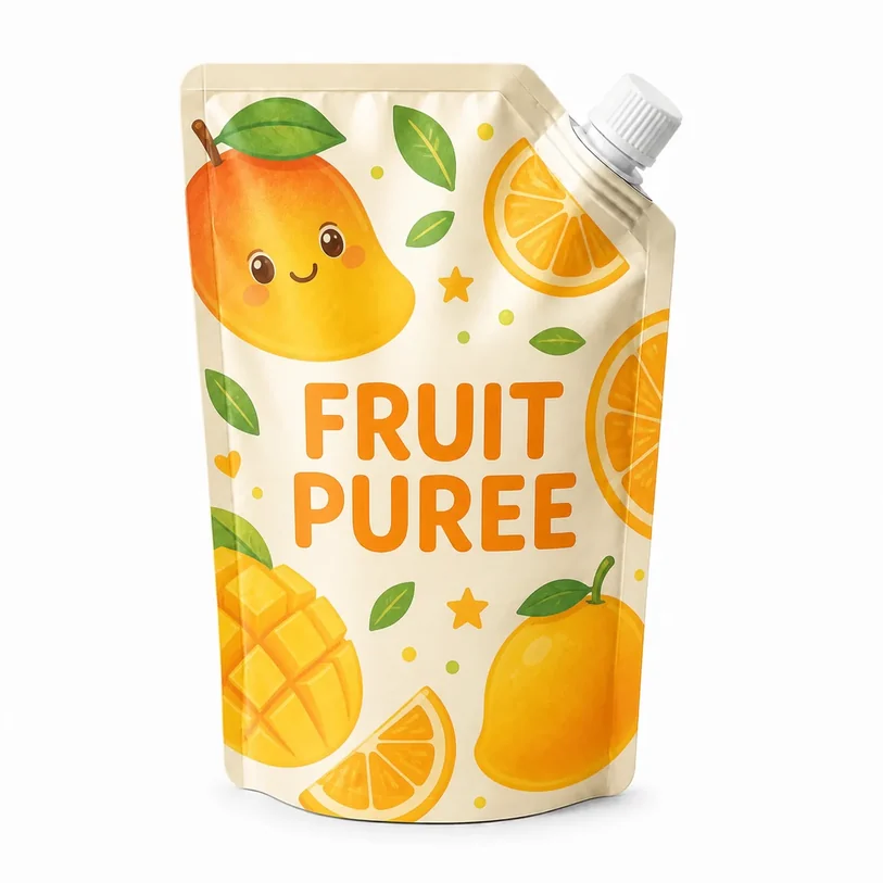 Printed corner-spout pouch for fruit puree