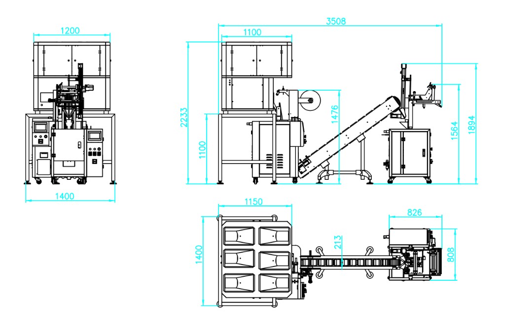 Manufacturer dimension drawing of the pyramid tea bag packaging machine — front, side and plan views with overall length, width and height