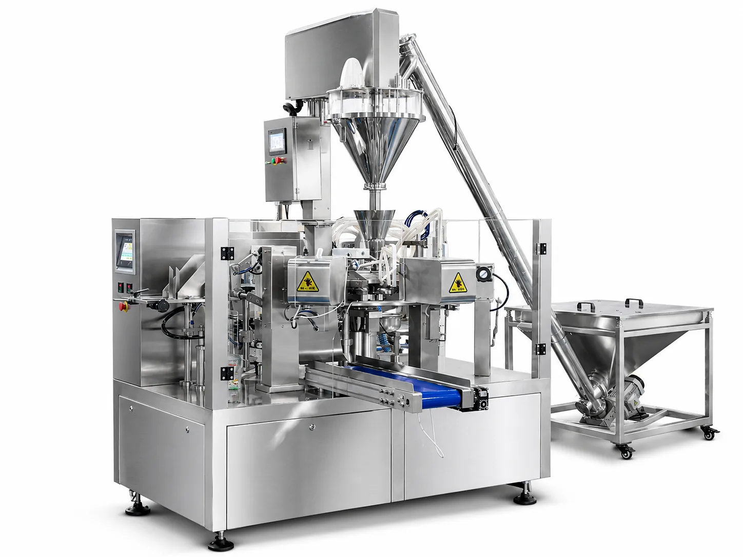 Rotary premade pouch packing system with auger filler and screw conveyor on a clean white background.