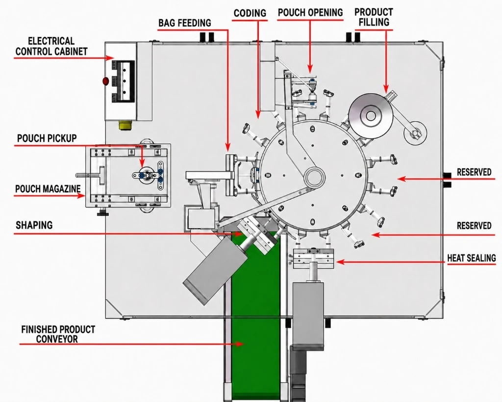 Manufacturer layout drawing of a rotary premade pouch packing machine — top view showing pouch magazine, pickup, bag feeding, coding, pouch opening, product filling, reserved modular stations, heat sealing, shaping and finished-product conveyor.