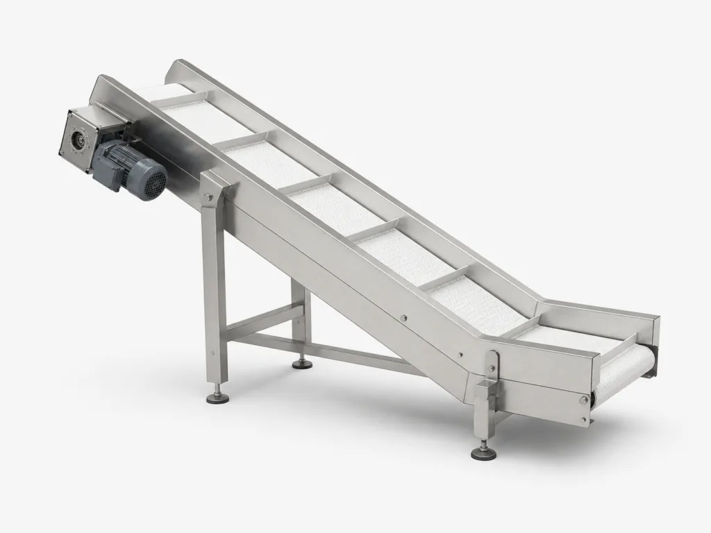 Standalone finished product conveyor with side guides and elevated discharge section.