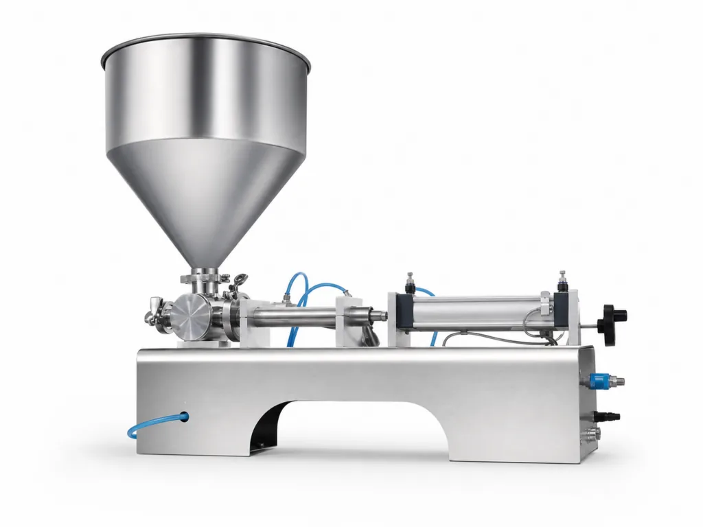 Standalone piston filling machine with hopper, horizontal cylinder and nozzle assembly.