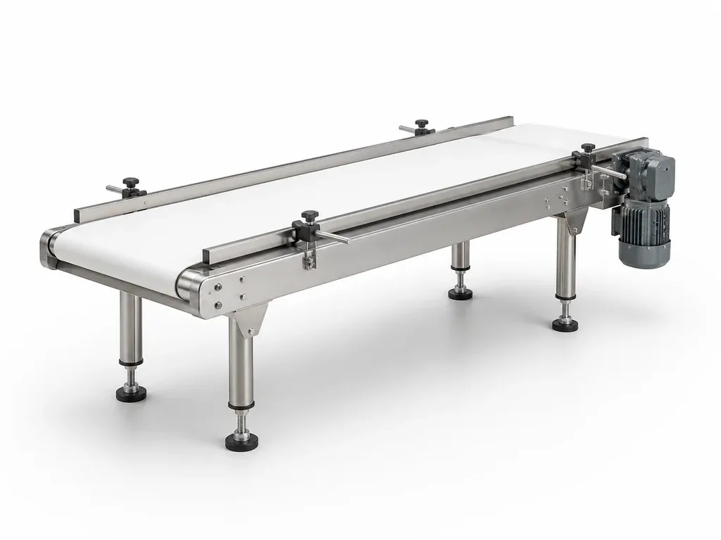 Compact stainless-steel-style belt infeed conveyor with a white continuous belt, adjustable side guides and four leveling legs on a white studio background.