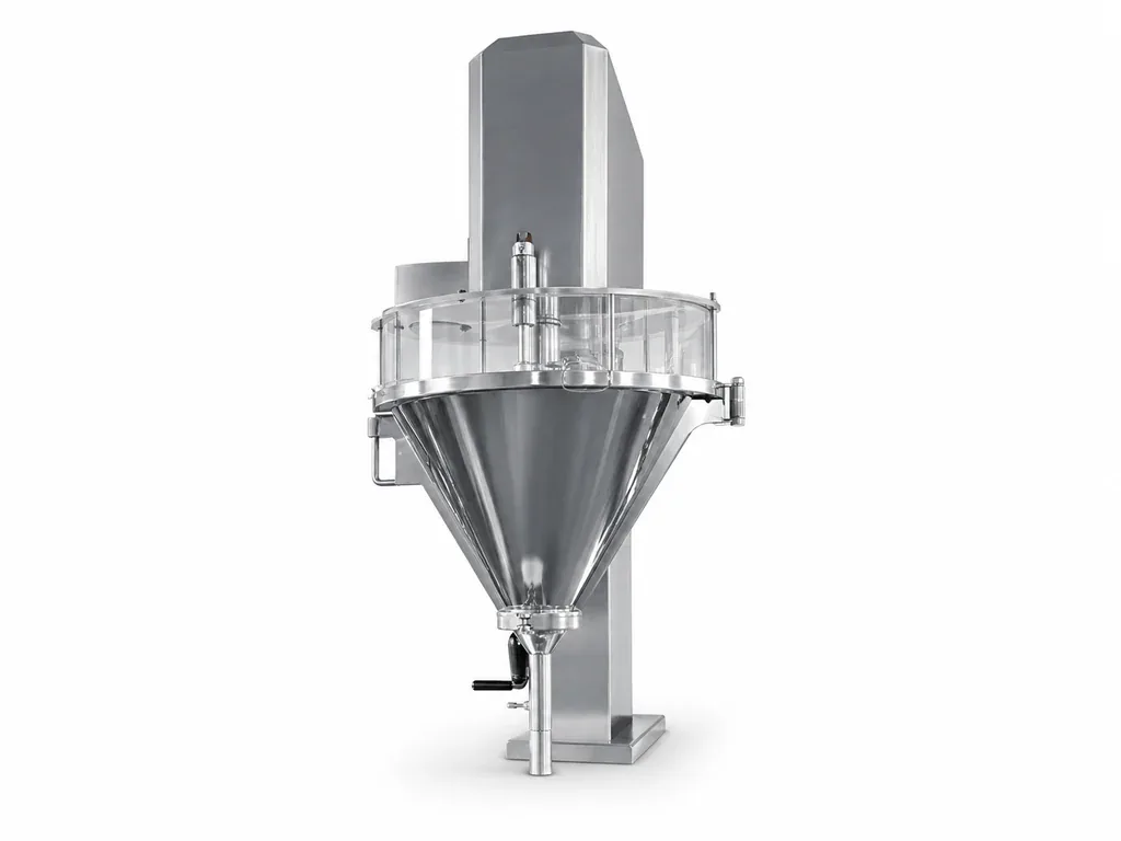 Standalone stainless-steel-style auger filler with a conical powder hopper, vertical dosing outlet and compact rear support housing on a white studio background.