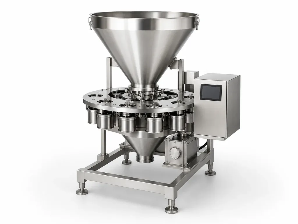 Stainless-steel-style volumetric cup filler with a conical hopper, rotary measuring cups, lower discharge funnel and blank side control screen on a white studio background.
