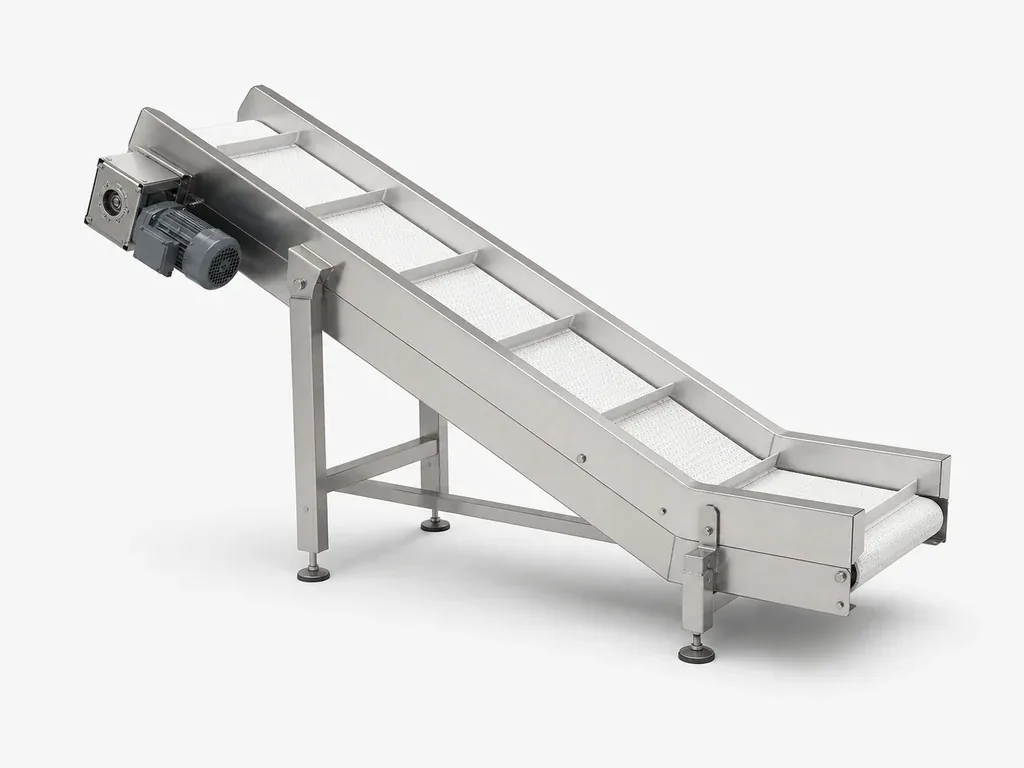 Compact stainless-steel-style inclined finished-product conveyor with a cleated white belt, side guides, adjustable leveling legs and end drive on a white studio background.