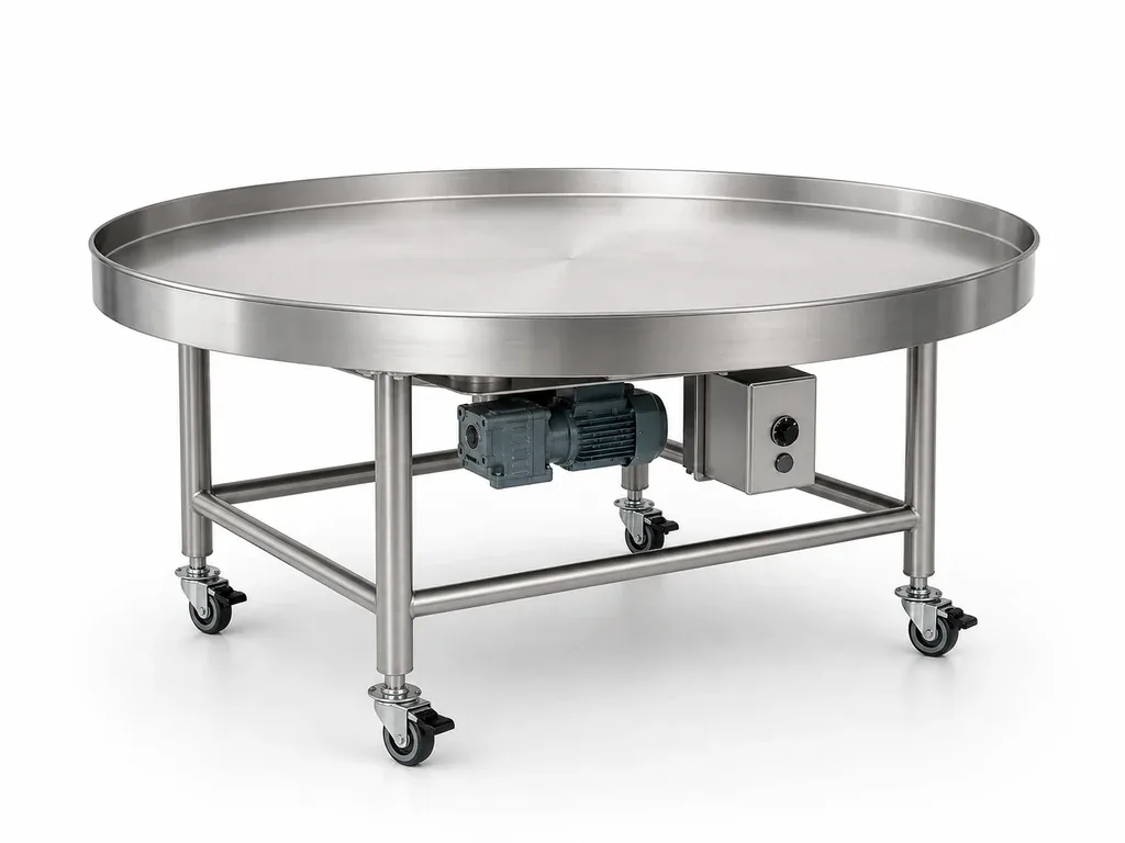 Circular stainless-steel-style rotary collection table with a raised perimeter lip, tubular caster frame, underside gear motor and compact blank speed control on a white studio background.