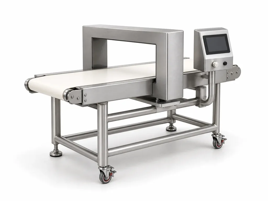 Conveyorized stainless-steel-style metal detector with a shallow rectangular detection aperture, pale belt, tubular frame and blank side control screen on a white studio background.