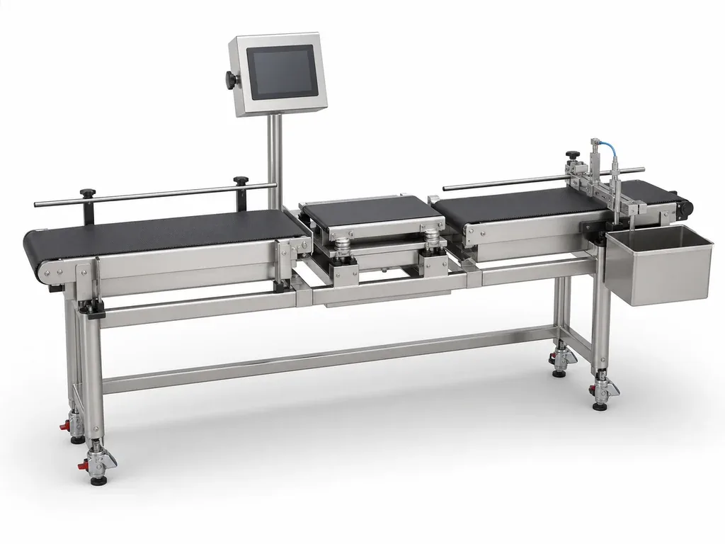 Inline stainless-steel-style dynamic checkweigher with separate infeed, central weighing and outfeed belts, blank side HMI, reject pusher and reject bin on a white studio background.