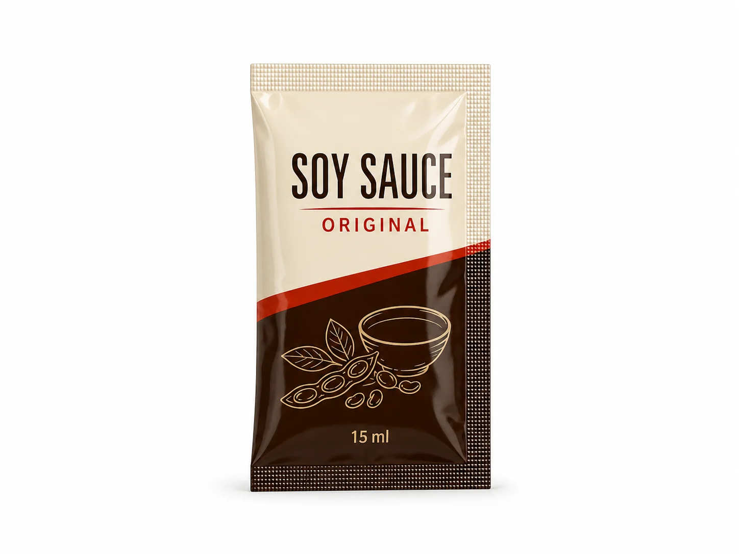 Printed soy-sauce three-side-seal sachet, shown as a finished bag format reference