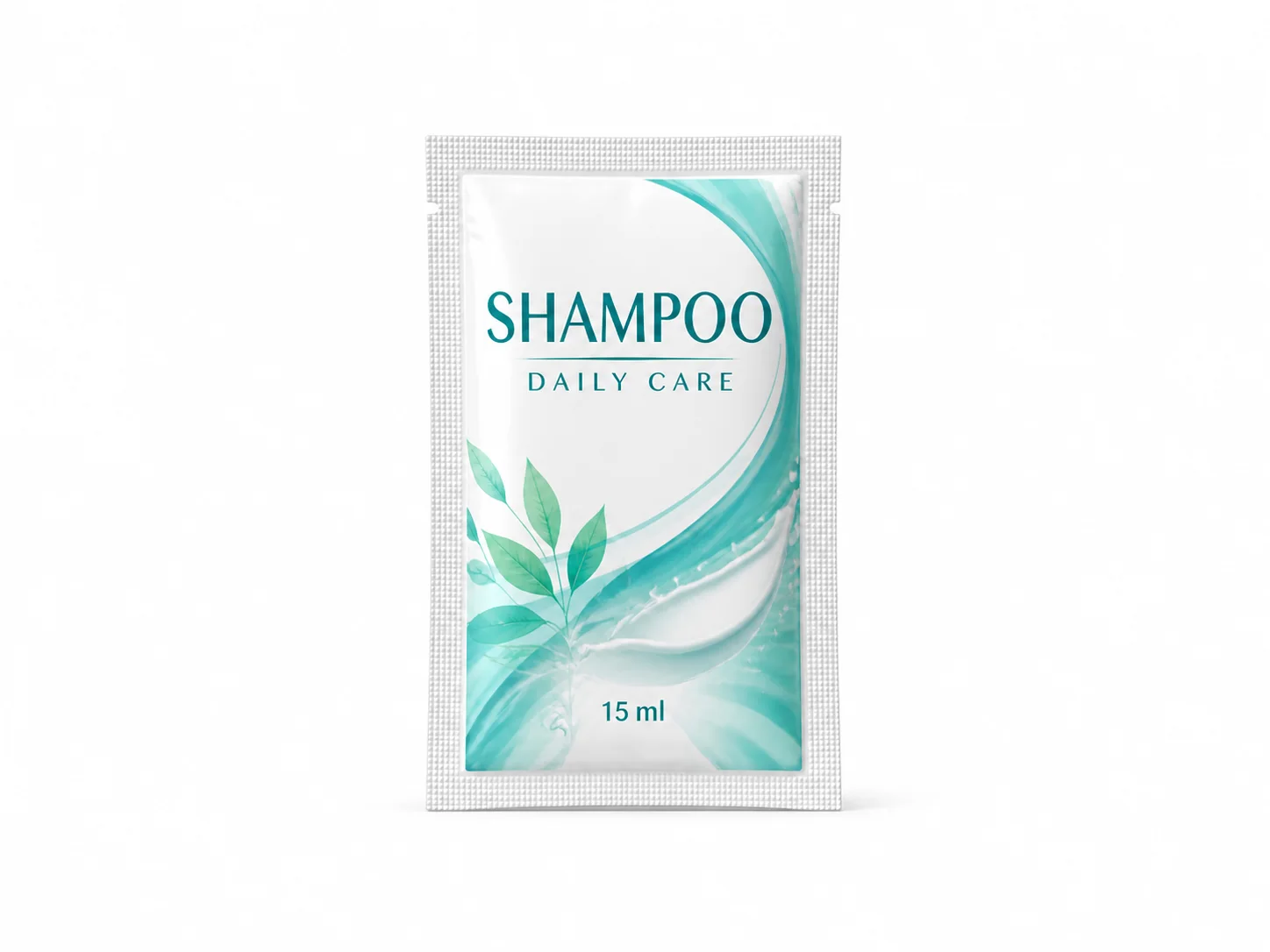 Printed shampoo four-side-seal sachet, shown as a finished bag format reference