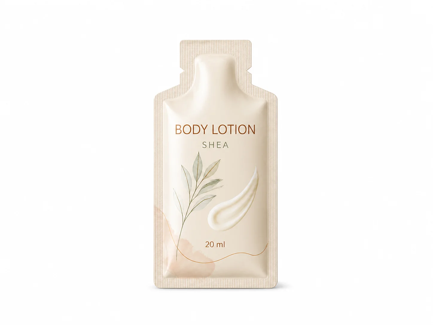 Printed lotion shaped sachet, shown as a finished bag format reference