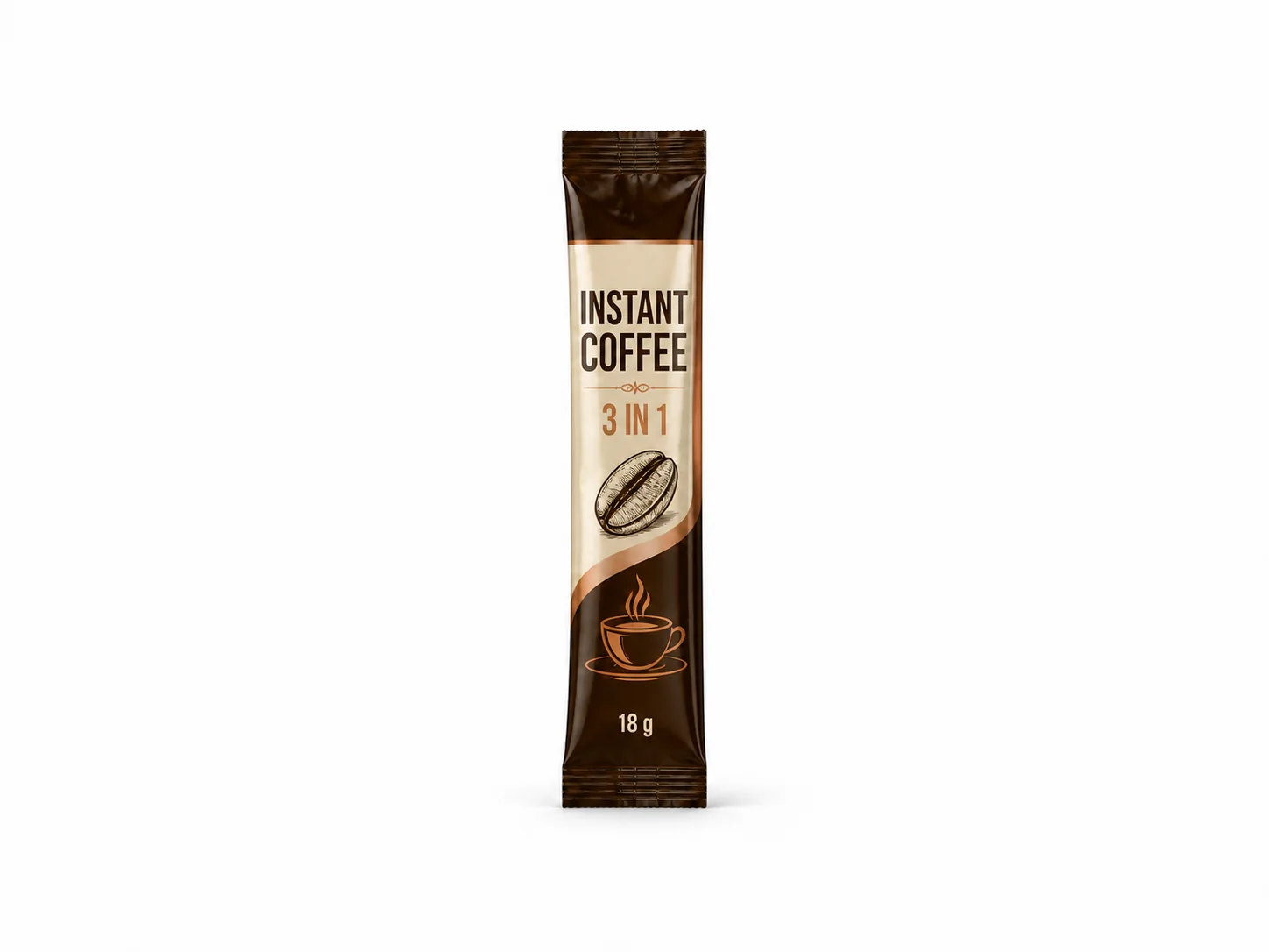 Printed instant-coffee stick pack, shown as a finished bag format reference